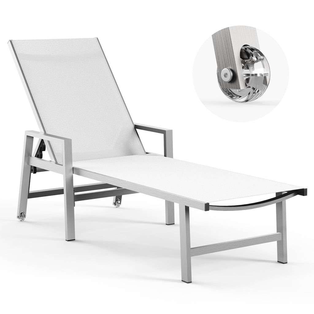 Vexwalx Patio Chaise Lounge Outdoor with Wheels&Armrests, Aluminum Pool Lounge Chairs 5-Position Adjustable Recliner, Sun Beach Lounge Chairs for Poolside, Patio, Deck, Yard, White