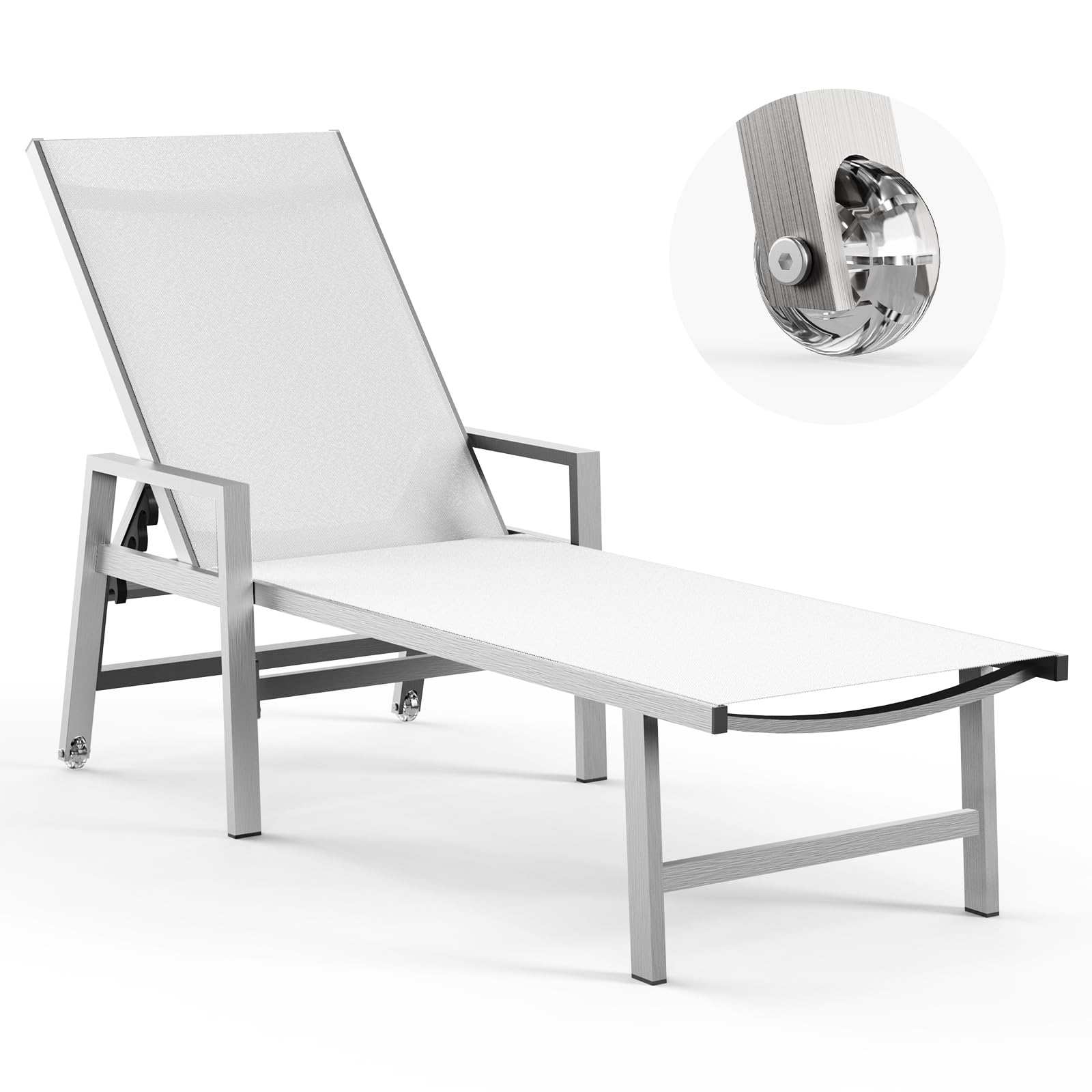 Vexwalx Patio Chaise Lounge Outdoor with Wheels&Armrests, Aluminum Pool Lounge Chairs 5-Position Adjustable Recliner, Sun Beach Lounge Chairs for Poolside, Patio, Deck, Yard, White