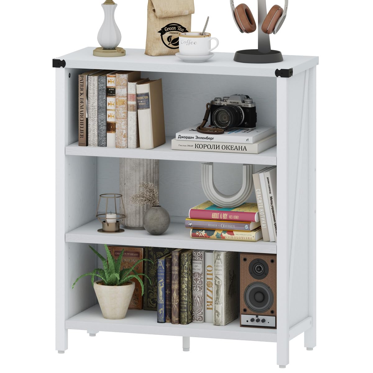 BON AUGURE Rustic Short Bookshelf, 3 Shelf Bookcase, Small Wood Low Book Cases/Shelves, Farmhouse Storage Tier Book Shelves for Home Office, Living Room, Small Space (Rustic Oak)