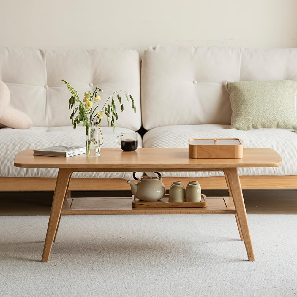 100% Solid Wood Coffee Table for Living Room, 39.37" Mid Century Modern Tables with Shelf Storage, 2-Tier Coffee Table with Rounded Corners (Oak Wood Walnut Color, 39.37" L)