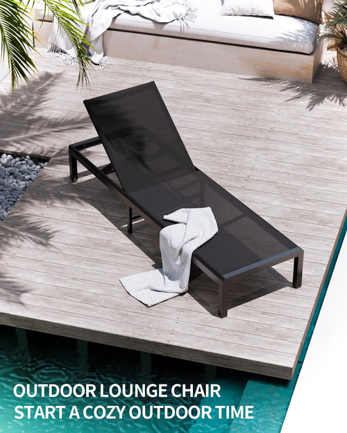 Aluminum Lounge Chairs Outdoor Chaise Furniture,2 Sets Patio Metal Deck Lounger Adjustable 5-Position Poolside Chase Recliner with Wheels for Beach,Coffee Table, (Black, 1 Chair)