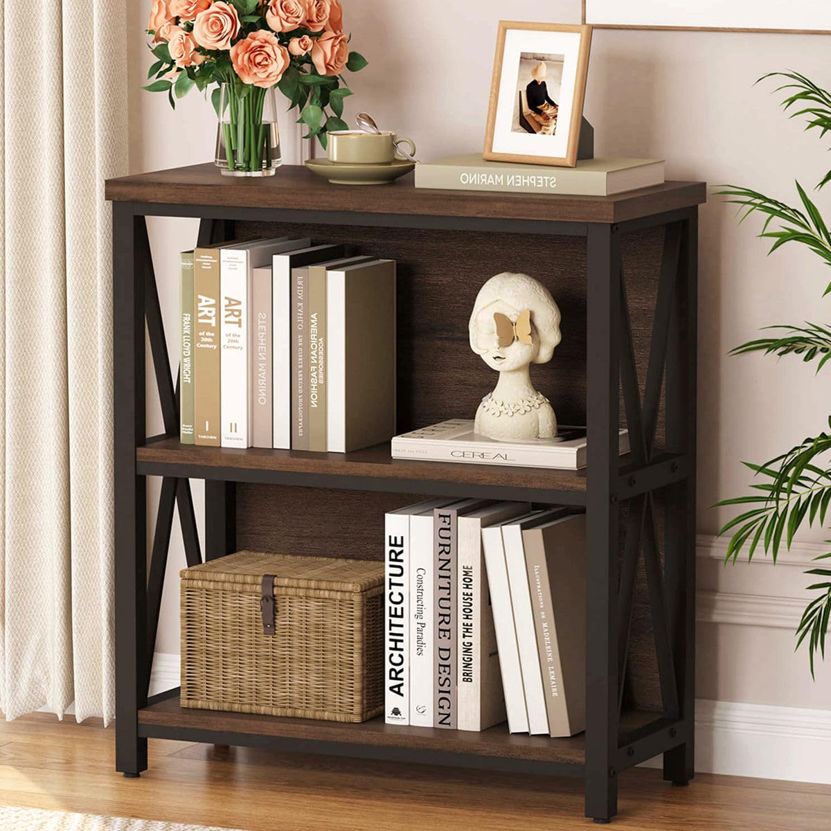 FATORRI Small Bookcase, Wood and Metal Low Short Bookshelf, Industrial Book Case and Rustic Book Shelf for Small Space (Rustic Oak)
