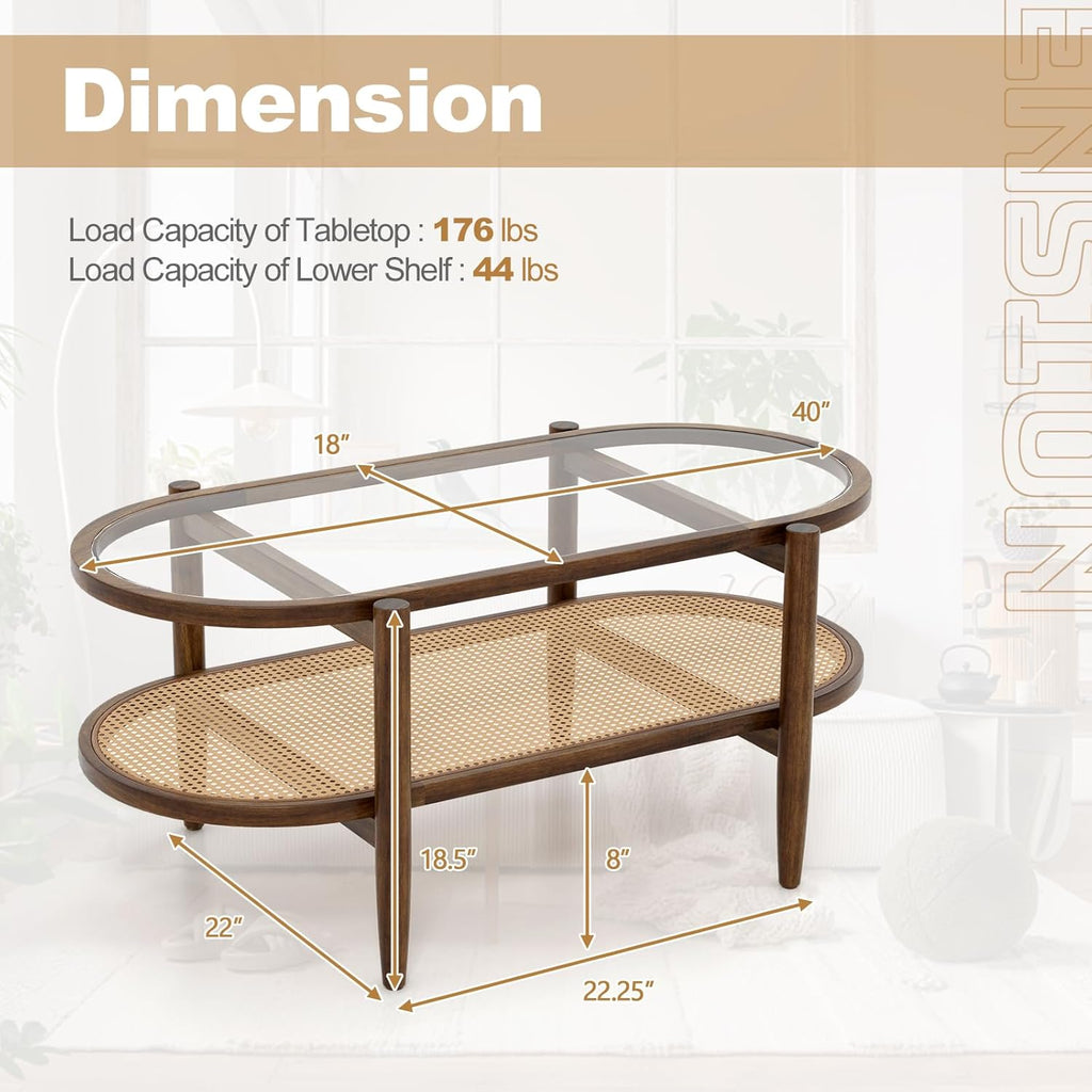 Giantex Rattan Coffee Table, 2-Tier Oval Acacia Wood Tea Table w/Tempered Glass Tabletop & PE Rattan Storage Shelf, Boho Cocktail Tables, Mid Century Modern Center Table for Living Room Office, Brown