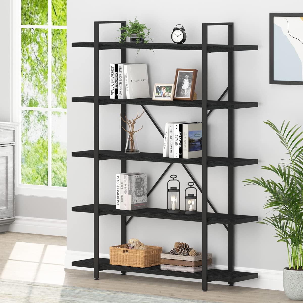 HSH 5-Shelf Vintage Industrial Rustic Bookshelf, 5 Tier Wood and Metal Bookcase, Open Etagere Book Shelf, Farmhouse Wooden Bookshelves, Light Grey Oak