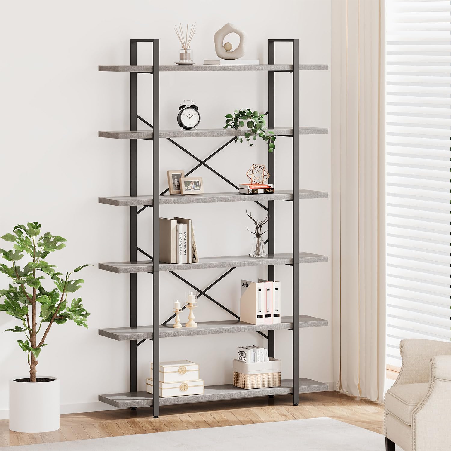 HSH 5-Shelf Vintage Industrial Rustic Bookshelf, 5 Tier Wood and Metal Bookcase, Open Etagere Book Shelf, Farmhouse Wooden Bookshelves, Light Grey Oak