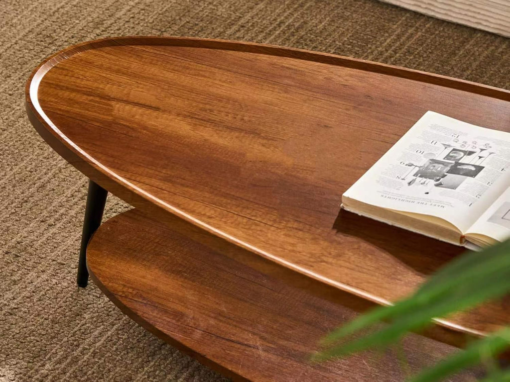 Shrine Oval Coffee Table, Mid-Century Modern Coffee Table, Brown Walnut Wood Table for Living Room, D47''x W23.6''x H15'', Sleek Conical Metal Legs with Black Finish