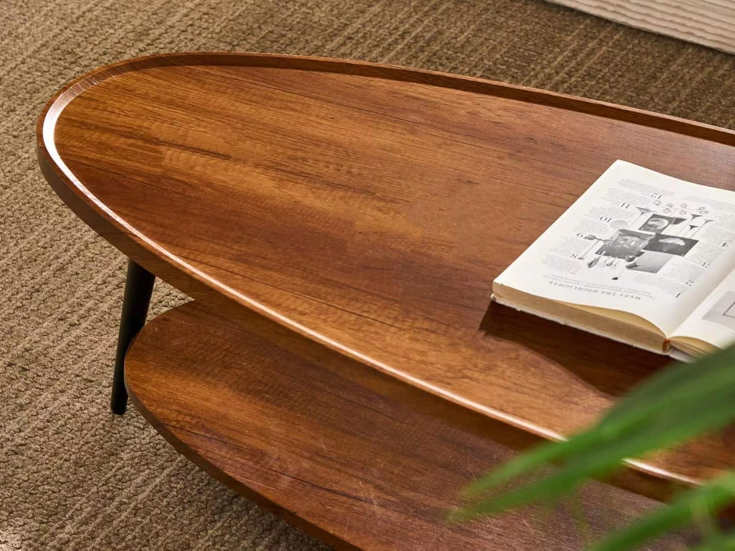 Shrine Oval Coffee Table, Mid-Century Modern Coffee Table, Brown Walnut Wood Table for Living Room, D47''x W23.6''x H15'', Sleek Conical Metal Legs with Black Finish