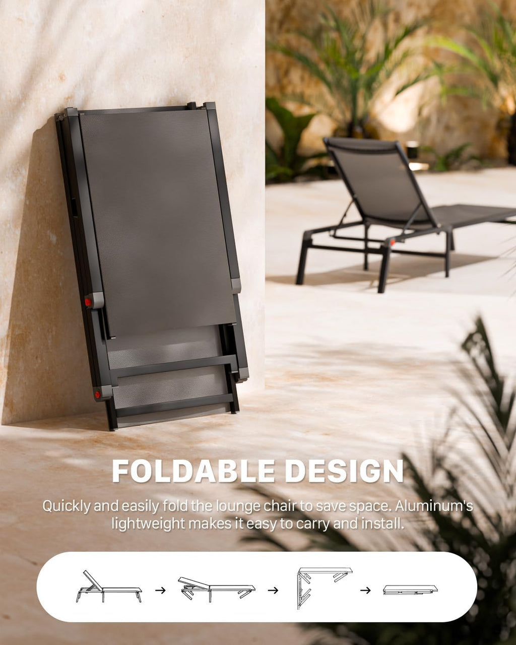 Aluminum Chaise Foldable Patio Lounge Chair Outdoor, Metal Deck Lounger Adjustable 5-Position Recliner Pool Chase Breathable Full Flat Outside Sun Tanning Chairs for Beach/Poolside/Lawn(Grey, 1 Pack)