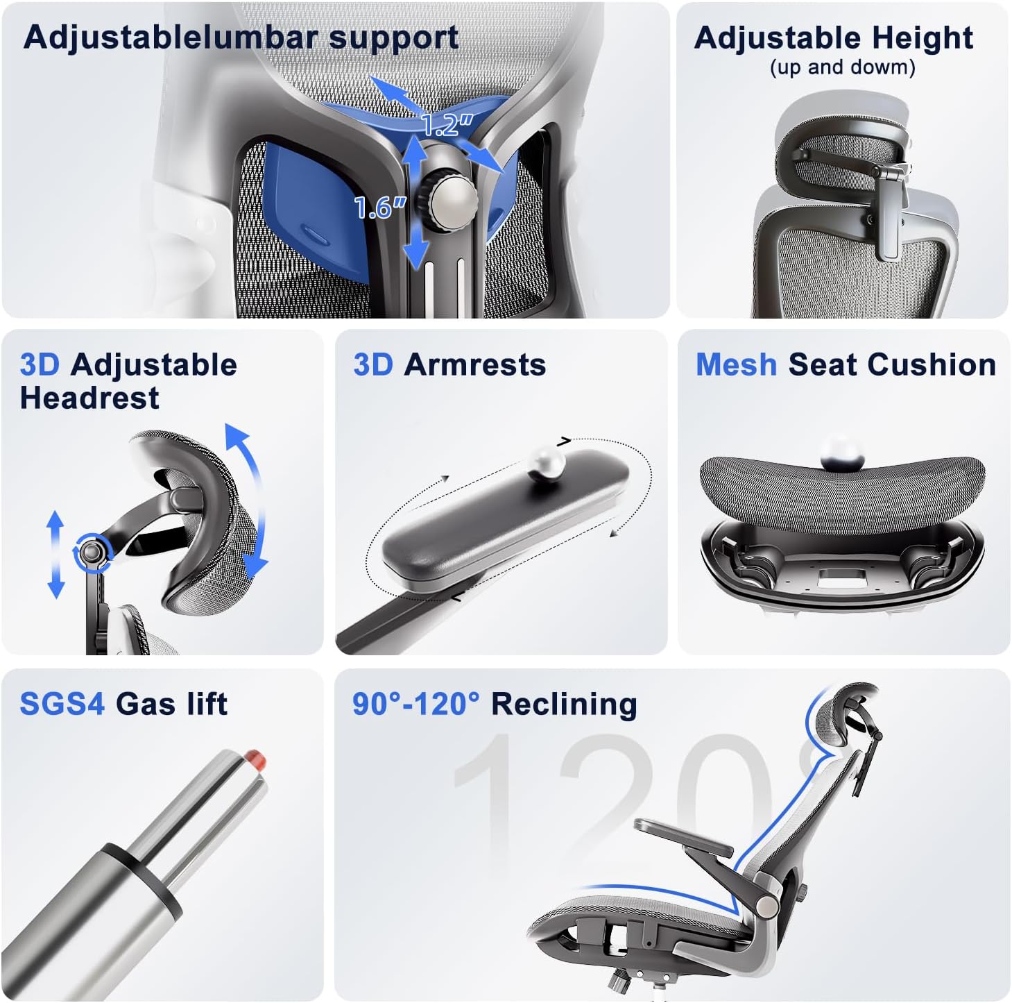 marrap Ergonomic Office Chair, Mesh Seat Cushion with 3D Armrests and 3D Headrest, Adjustable Lumbar Support with 90-120° Rocking Function for Home Office, Dark Grey