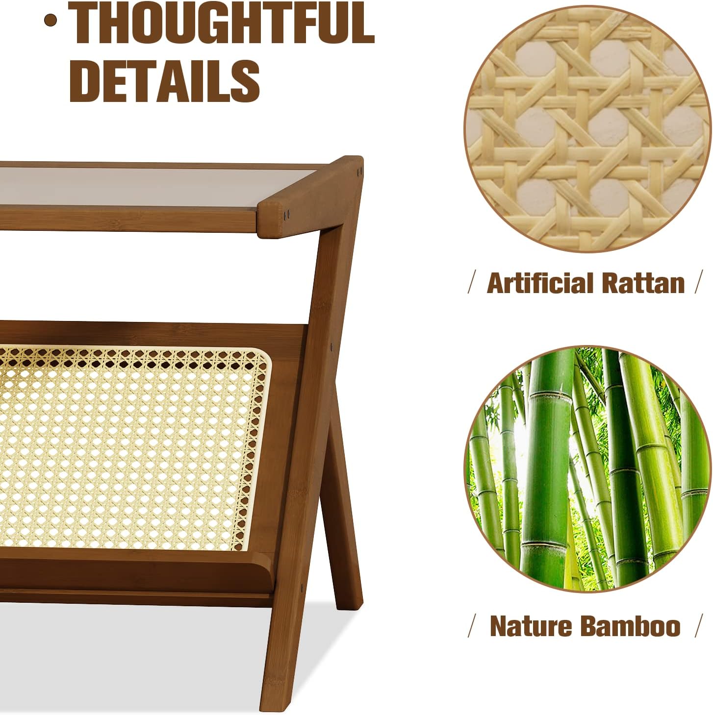 Bamworld Rattan Coffee Table with Glass Top Mid-Century Modern Center Table with Storage for Living Room Table Brown