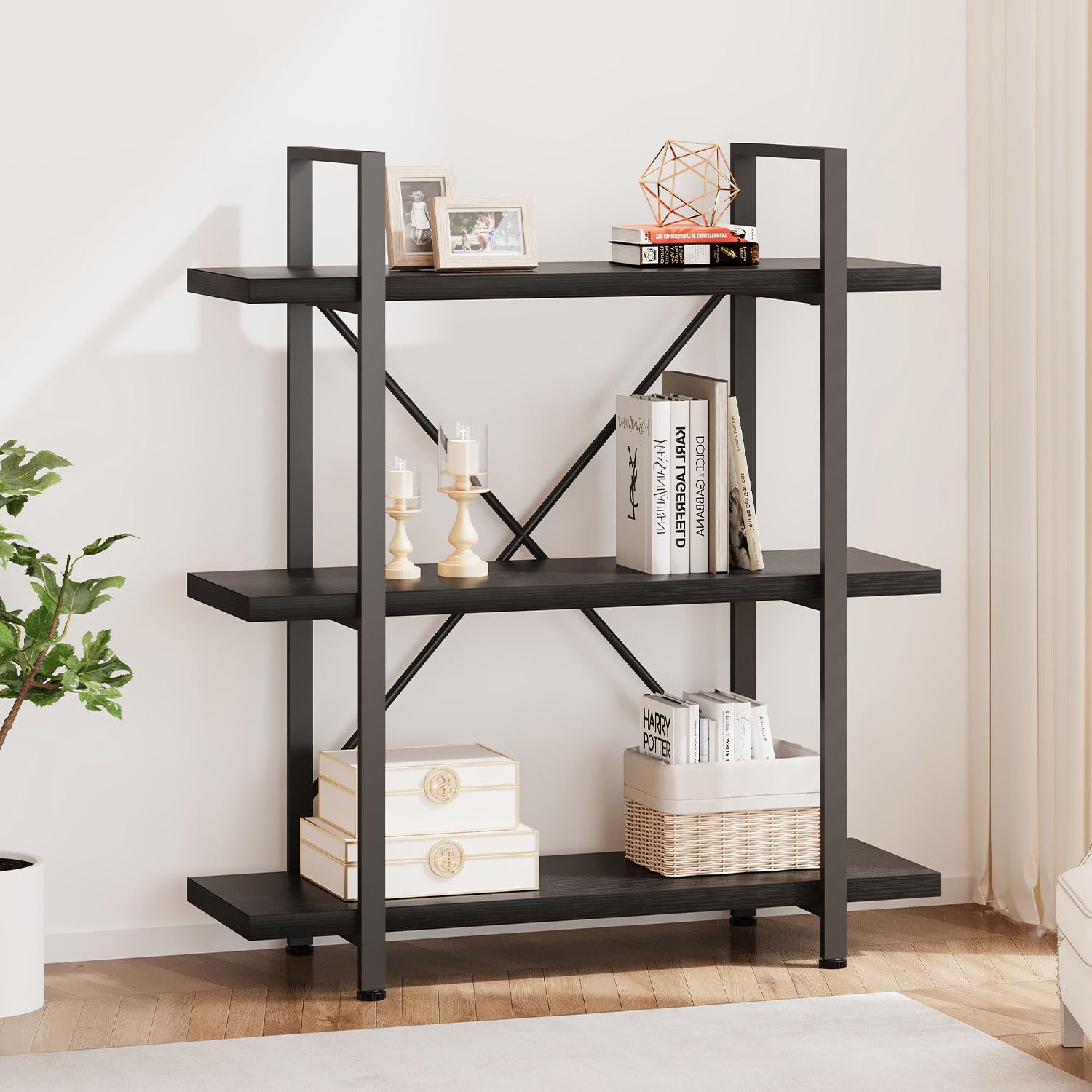 HSH 5-Shelf Vintage Industrial Rustic Bookshelf, 5 Tier Wood and Metal Bookcase, Open Etagere Book Shelf, Farmhouse Wooden Bookshelves, Light Grey Oak