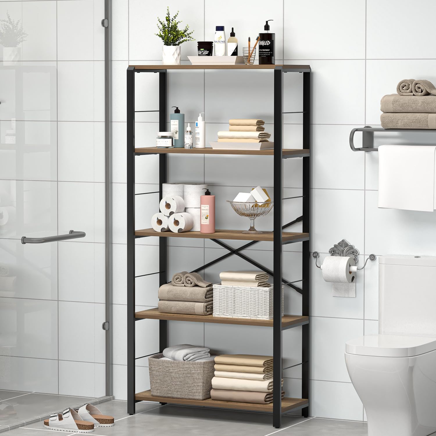 FOLUBAN 5 Tier Tall Bookshelf, Industrial Bookshelves and Bookcases, Modern Rustic Wood and Metal Book Shelf for Bedroom, Living Room and Home Office, Oak