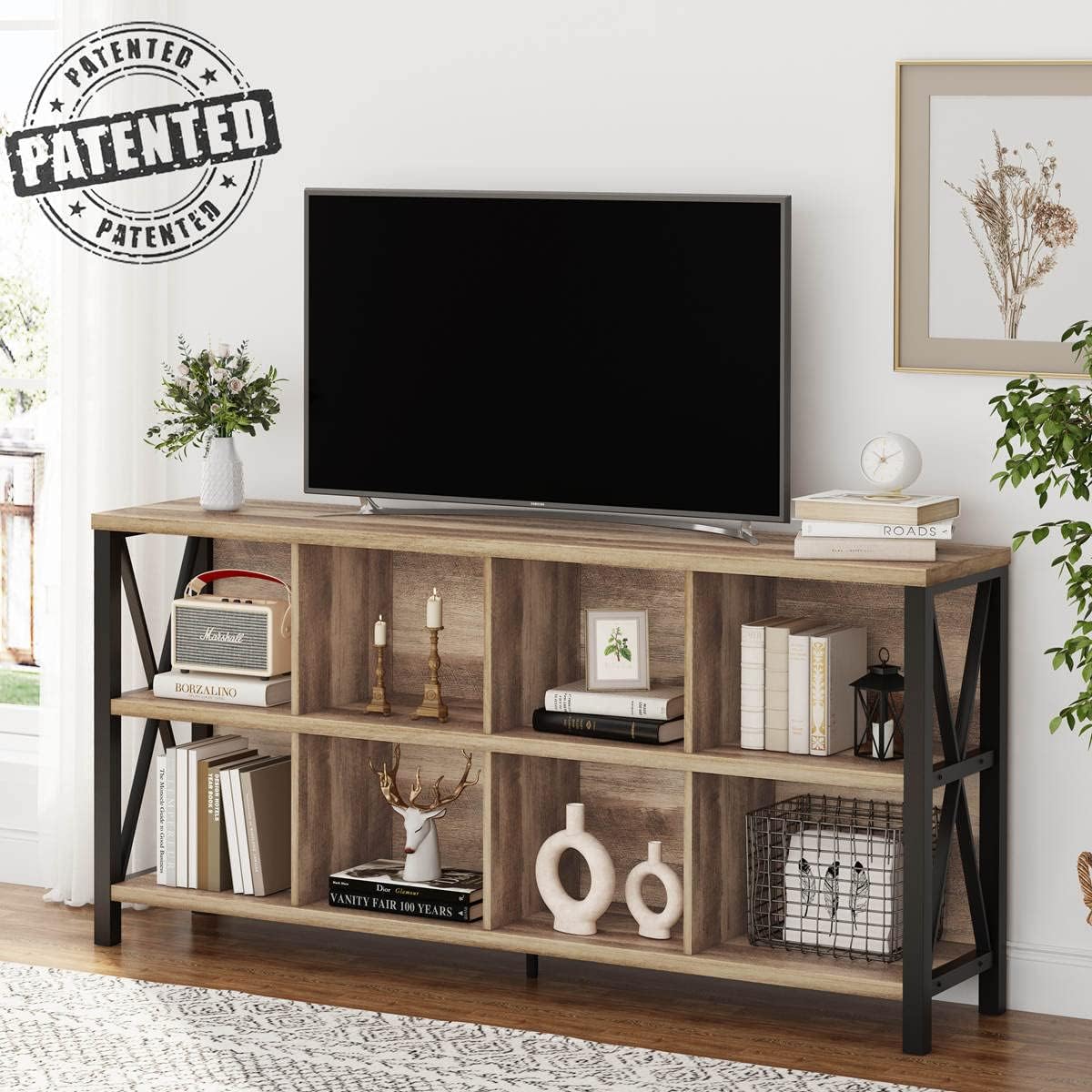 FATORRI 8 Cube Storage Organizer Bookshelf, 62 Inch Rustic Wood Horizontal Bookcase, Industrial Long Book Shelf for Living Room (Rustic Oak)