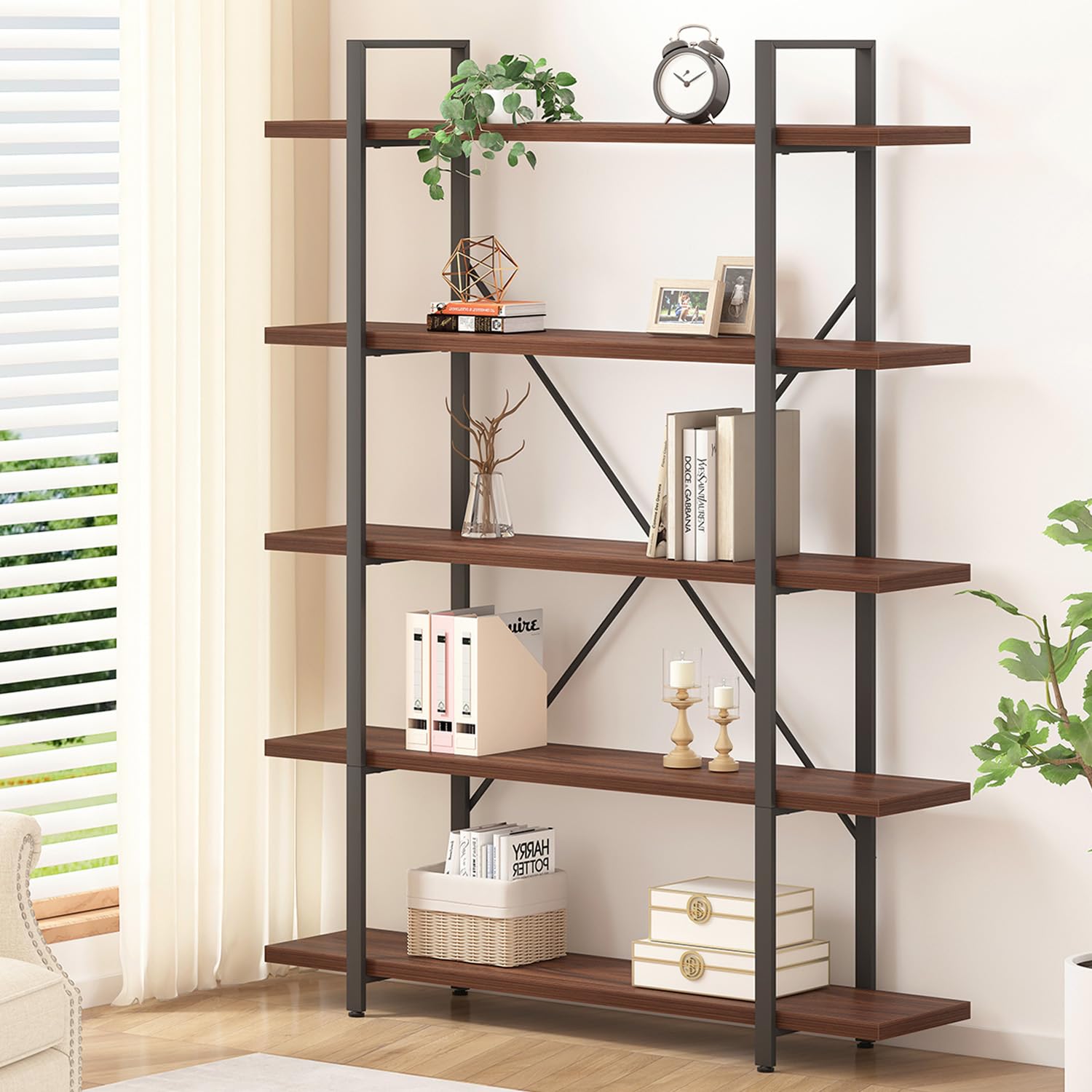 HSH 5-Shelf Vintage Industrial Rustic Bookshelf, 5 Tier Wood and Metal Bookcase, Open Etagere Book Shelf, Farmhouse Wooden Bookshelves, Light Grey Oak