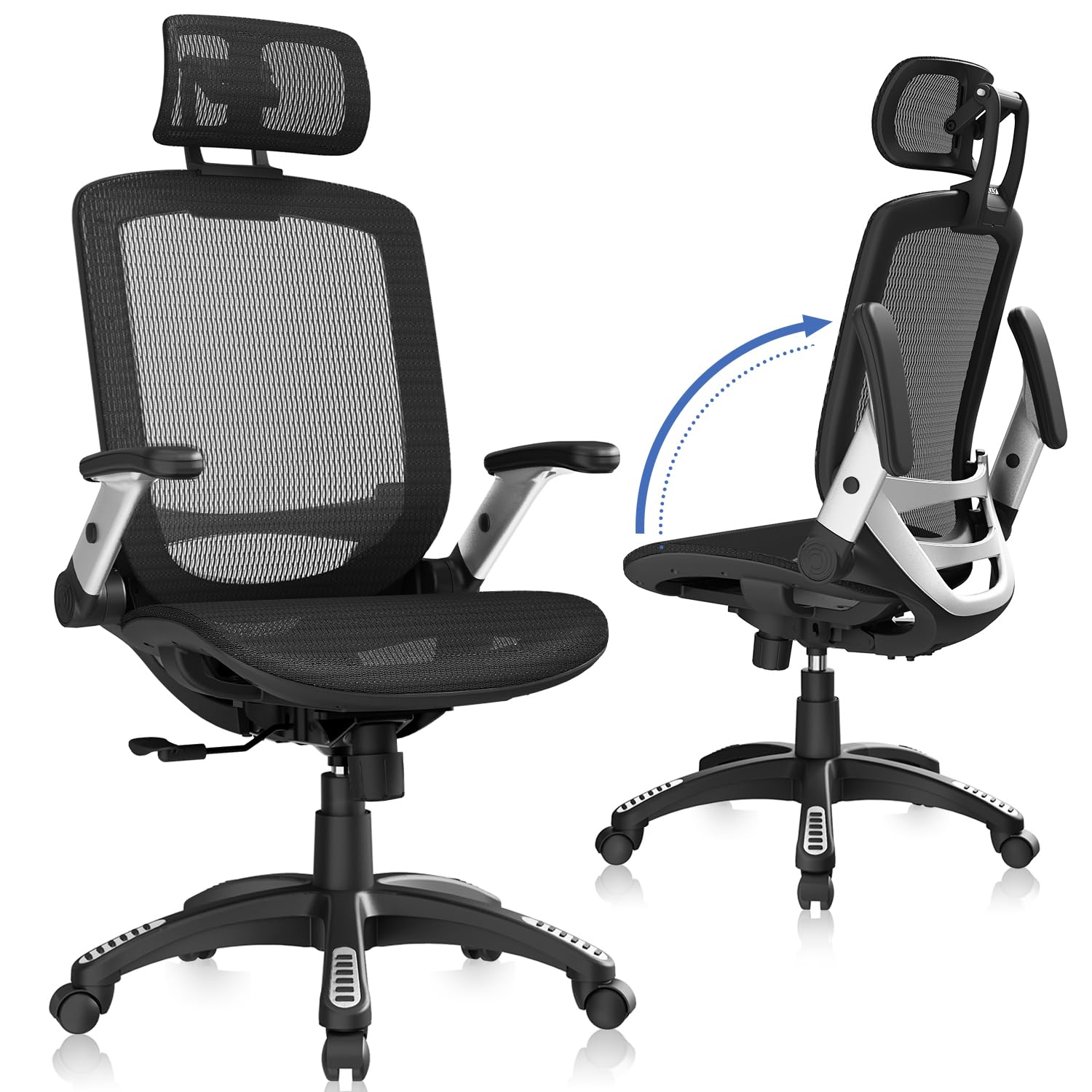 GABRYLLY Ergonomic Office Chair with Footrest, High Back Home Desk Chair - 3D Headrest, Flip-Up Arms, 135° Tilt and Wide Cushion, Heavy Duty Mesh Chairs for Task Computer Gaming, GYB01-FT