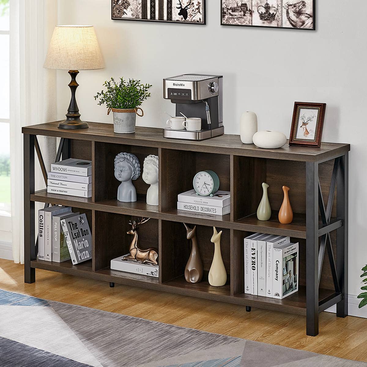 FATORRI 8 Cube Storage Organizer Bookshelf, 62 Inch Rustic Wood Horizontal Bookcase, Industrial Long Book Shelf for Living Room (Rustic Oak)