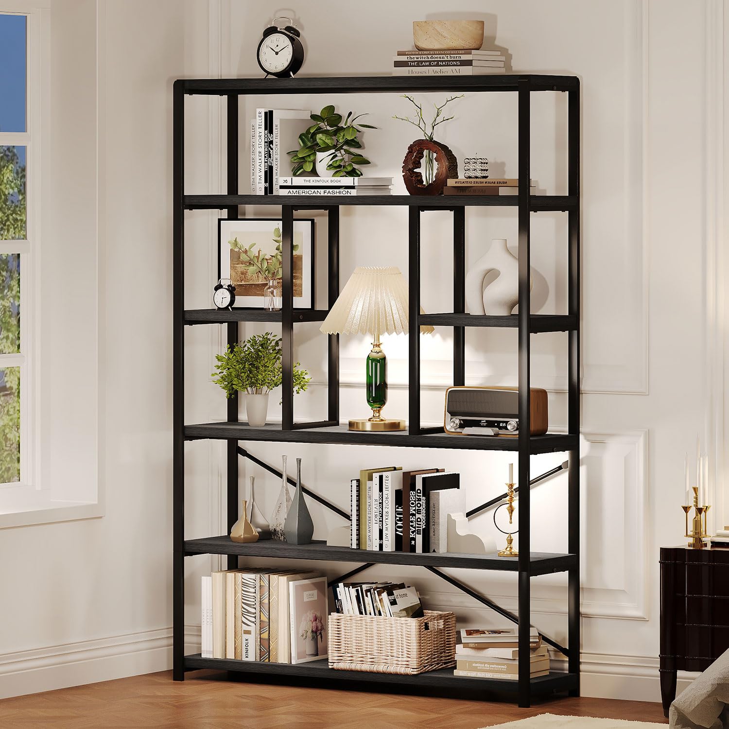 LVB Tall Industrial Etagere Bookcase, Modern Wood Large Open 6 Tier Bookshelf, Vintage Wide Metal Book Shelf Organizer, Farmhouse Book Shelves for Bedroom Living Room Home Office Storage, Rustic Oak