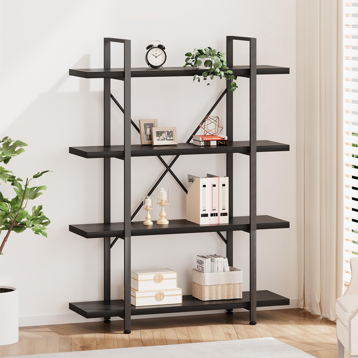 HSH 5-Shelf Vintage Industrial Rustic Bookshelf, 5 Tier Wood and Metal Bookcase, Open Etagere Book Shelf, Farmhouse Wooden Bookshelves, Light Grey Oak