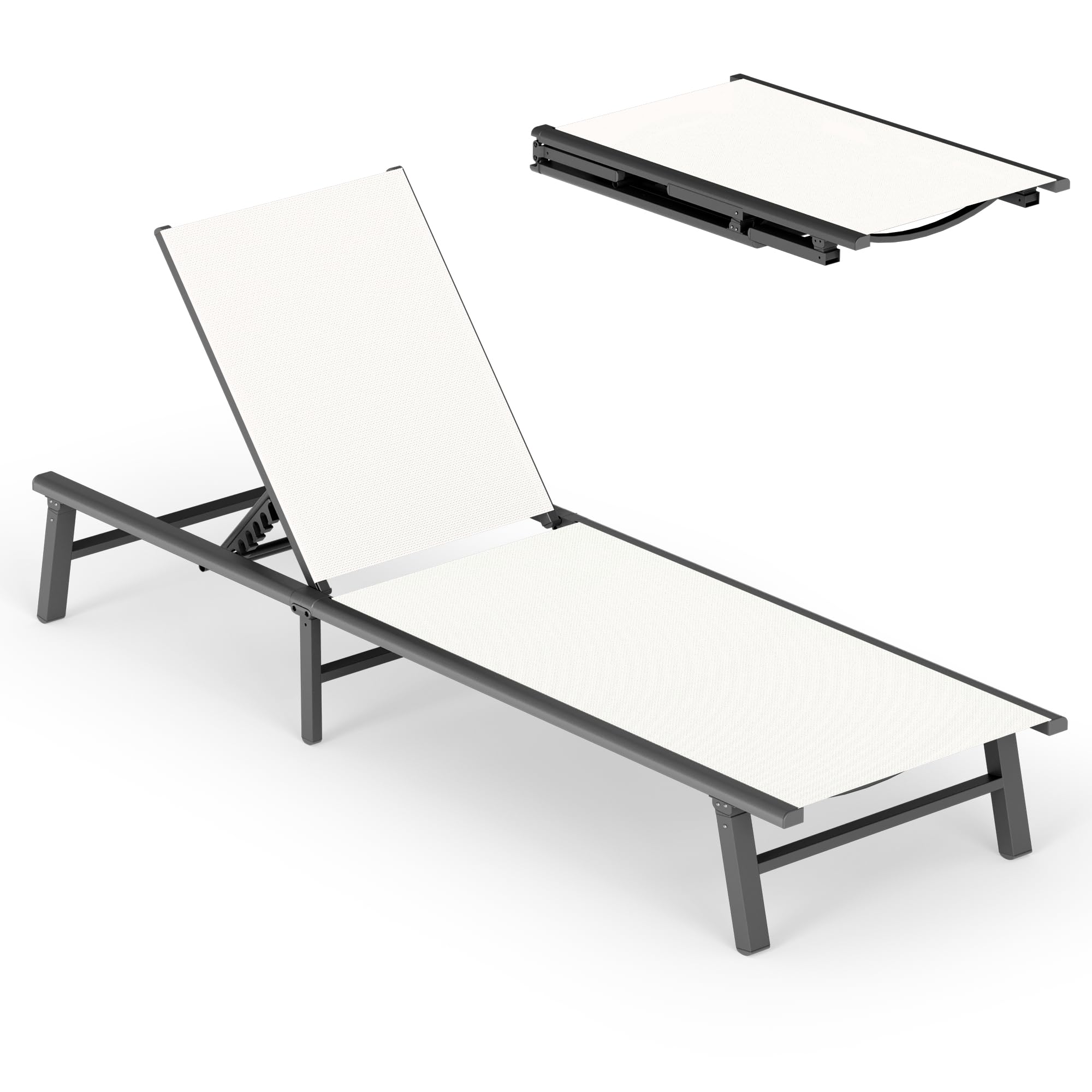 Aluminum Chaise Lounge Ourdoor - Foldable & Assemble Free Outdoor Lounge Chair with 5 Adjustable Backrest, Patio Lounge Chair for Outside Poolside Beach Pool, Khaki