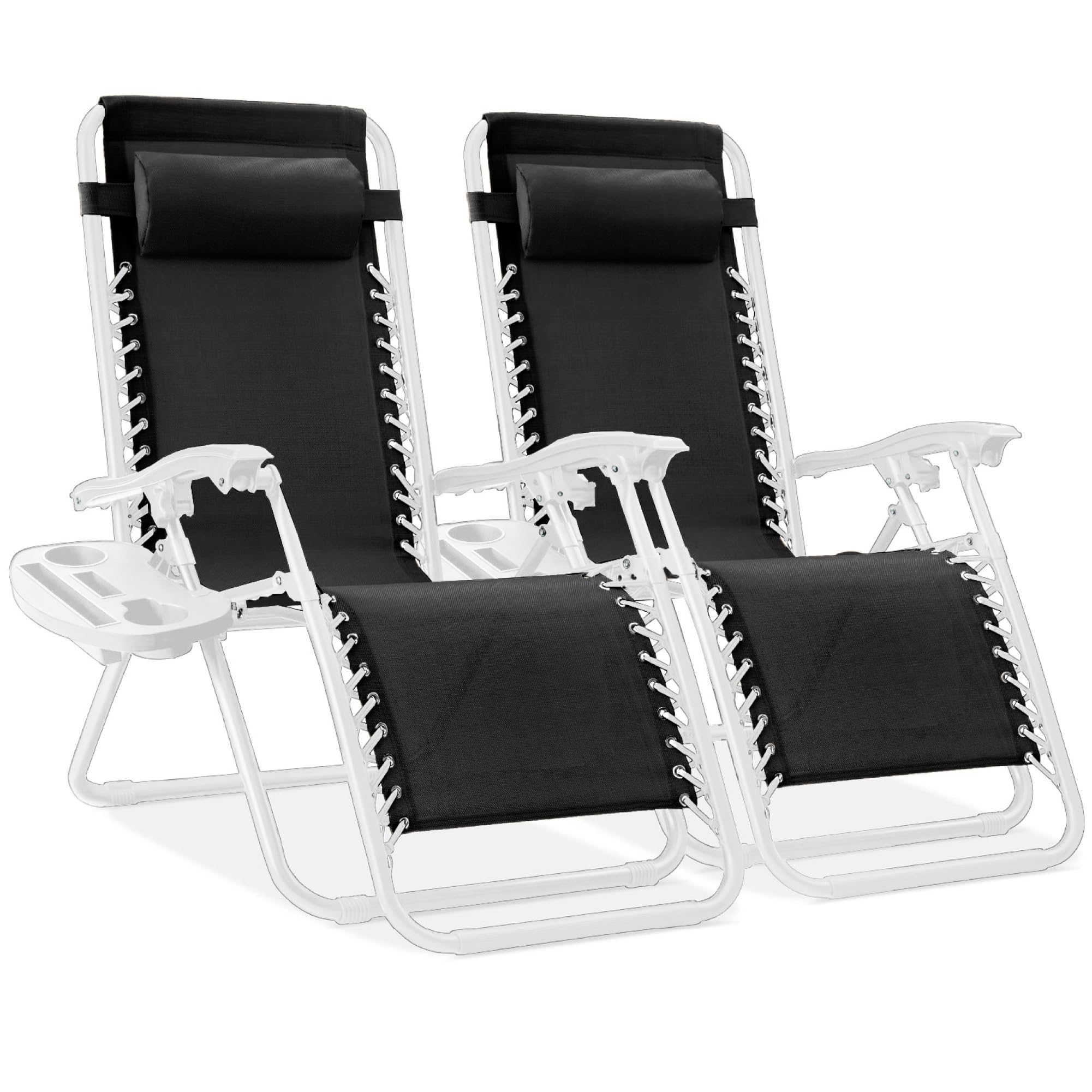 Best Choice Products Set of 2 Adjustable Steel Mesh Zero Gravity Lounge Chair Recliners w/Pillows and Cup Holder Trays - Black