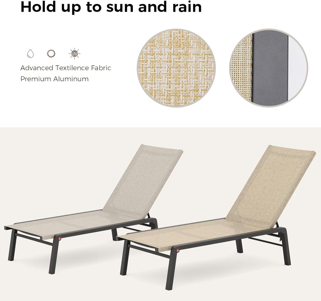 Patio Chaise Lounge Set of 2 with 4 Adjustable Backrest, Foldable Aluminum Chaise Lounge Chair Recliner for Outdoor, Poolside, Sun Tanning Flaxen