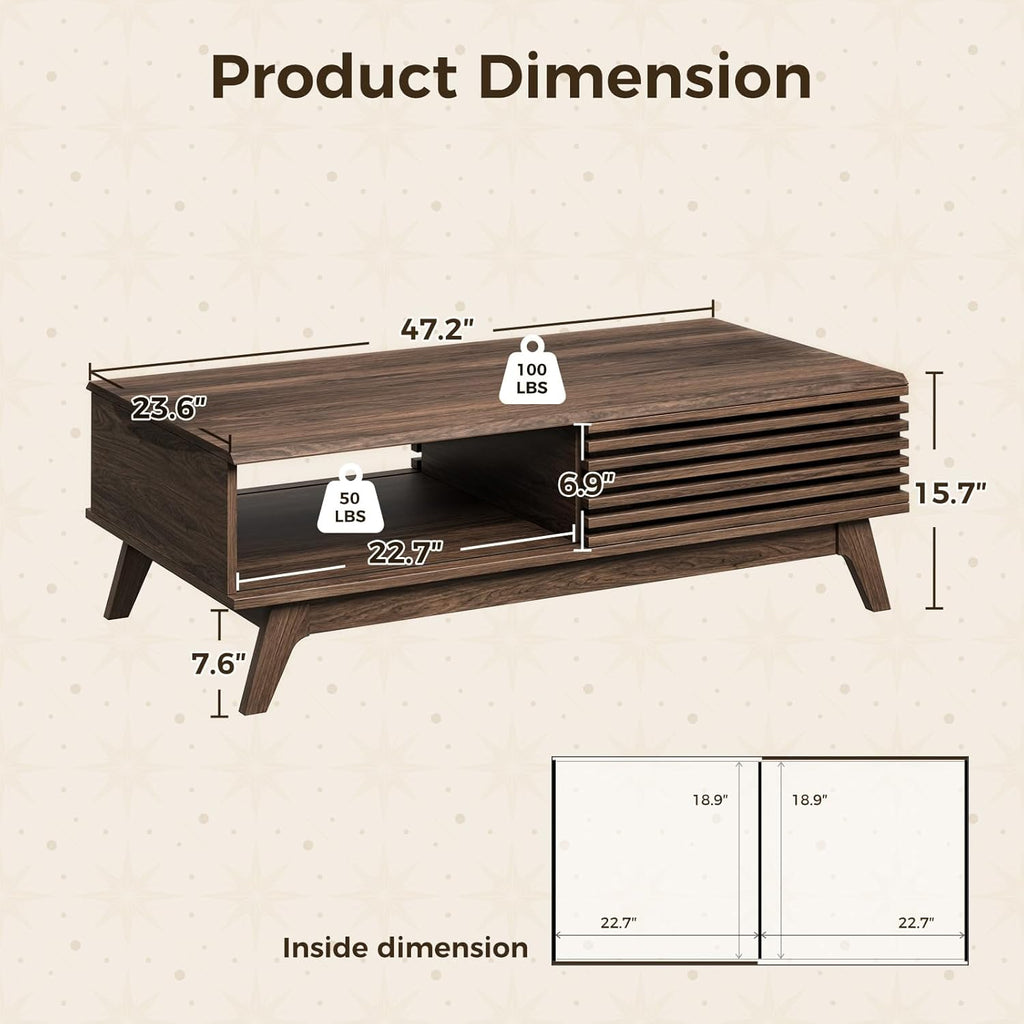 AODK Coffee Table with Storage, Mid Century Modern Wood Table with Dual Sliding Doors, Large Slatted Cocktail Table for Living Room, 47.2‘’ x 23.6'', Walnut