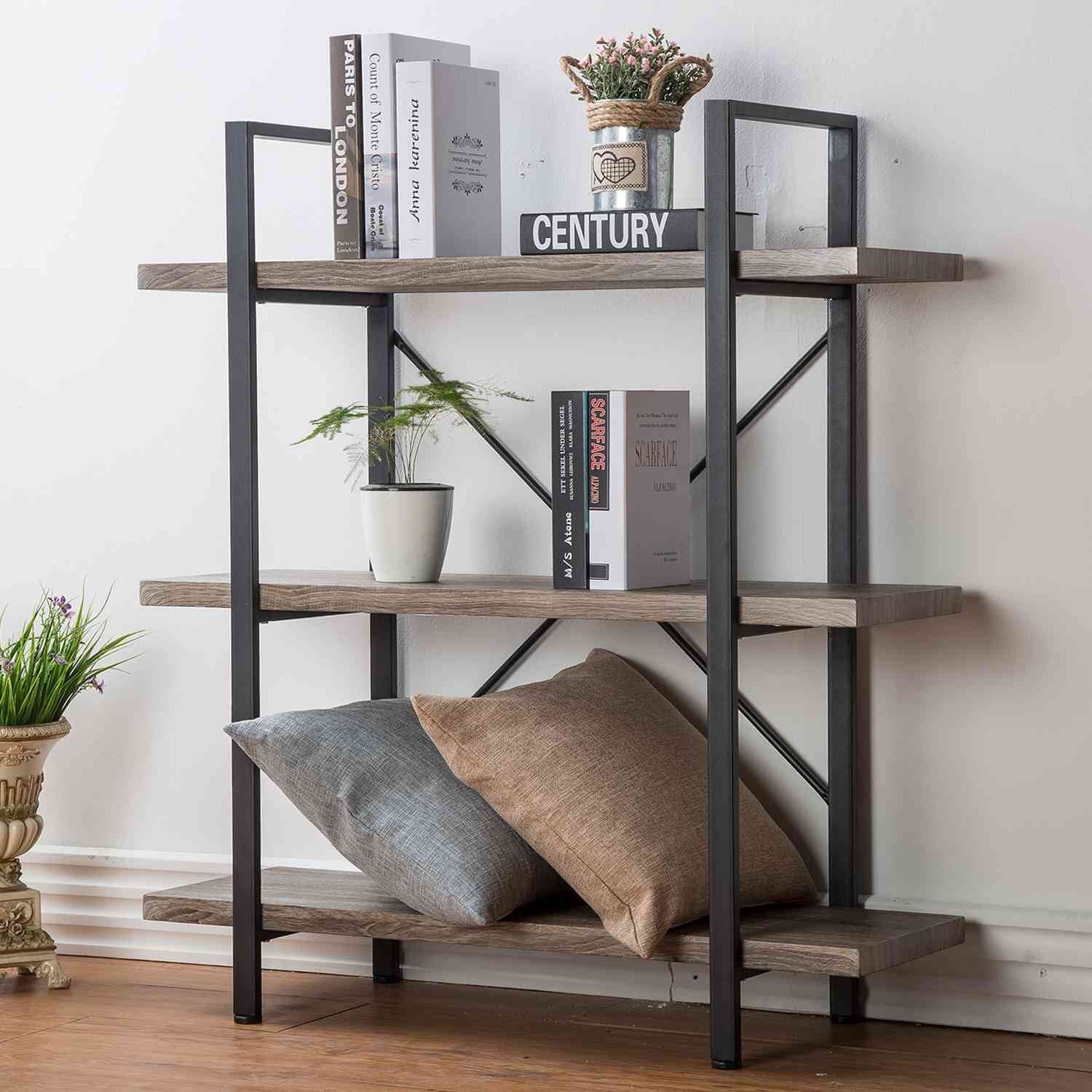 HSH 5-Shelf Vintage Industrial Rustic Bookshelf, 5 Tier Wood and Metal Bookcase, Open Etagere Book Shelf, Farmhouse Wooden Bookshelves, Light Grey Oak