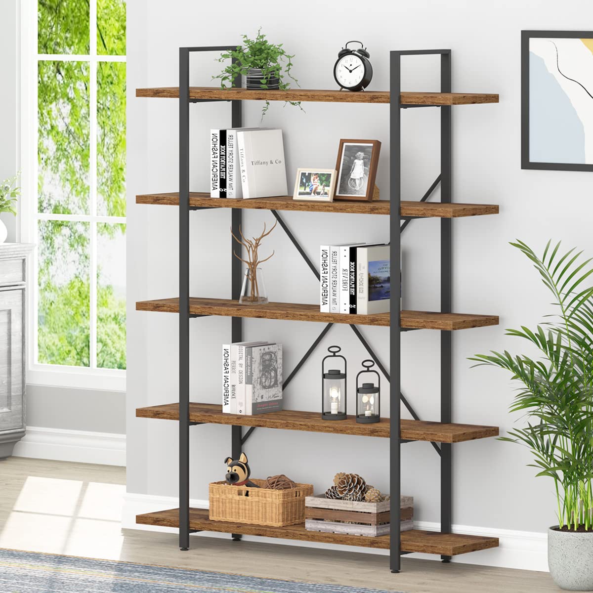 HSH 5-Shelf Vintage Industrial Rustic Bookshelf, 5 Tier Wood and Metal Bookcase, Open Etagere Book Shelf, Farmhouse Wooden Bookshelves, Light Grey Oak