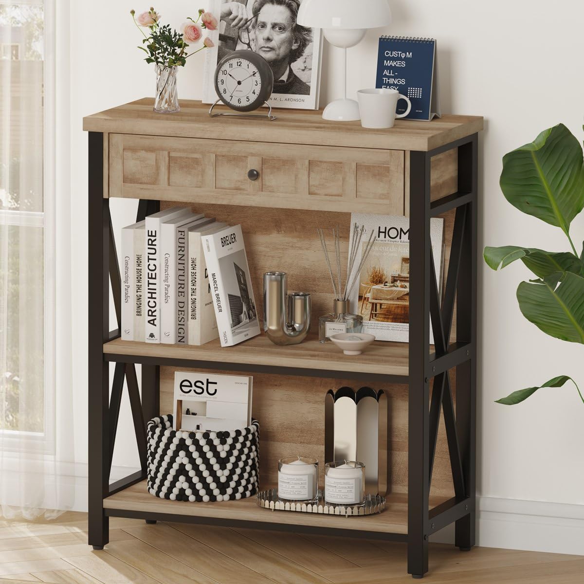 FATORRI Small Bookcase, Wood and Metal Low Short Bookshelf, Industrial Book Case and Rustic Book Shelf for Small Space (Rustic Oak)