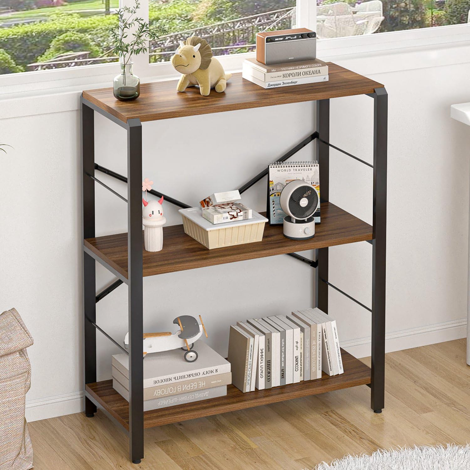 FOLUBAN 5 Tier Tall Bookshelf, Industrial Bookshelves and Bookcases, Modern Rustic Wood and Metal Book Shelf for Bedroom, Living Room and Home Office, Oak
