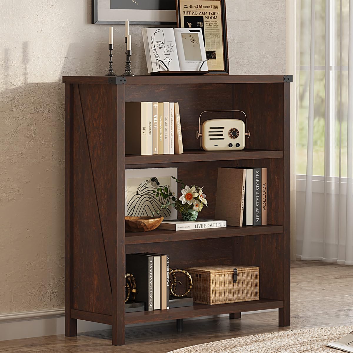 BON AUGURE Rustic Short Bookshelf, 3 Shelf Bookcase, Small Wood Low Book Cases/Shelves, Farmhouse Storage Tier Book Shelves for Home Office, Living Room, Small Space (Rustic Oak)