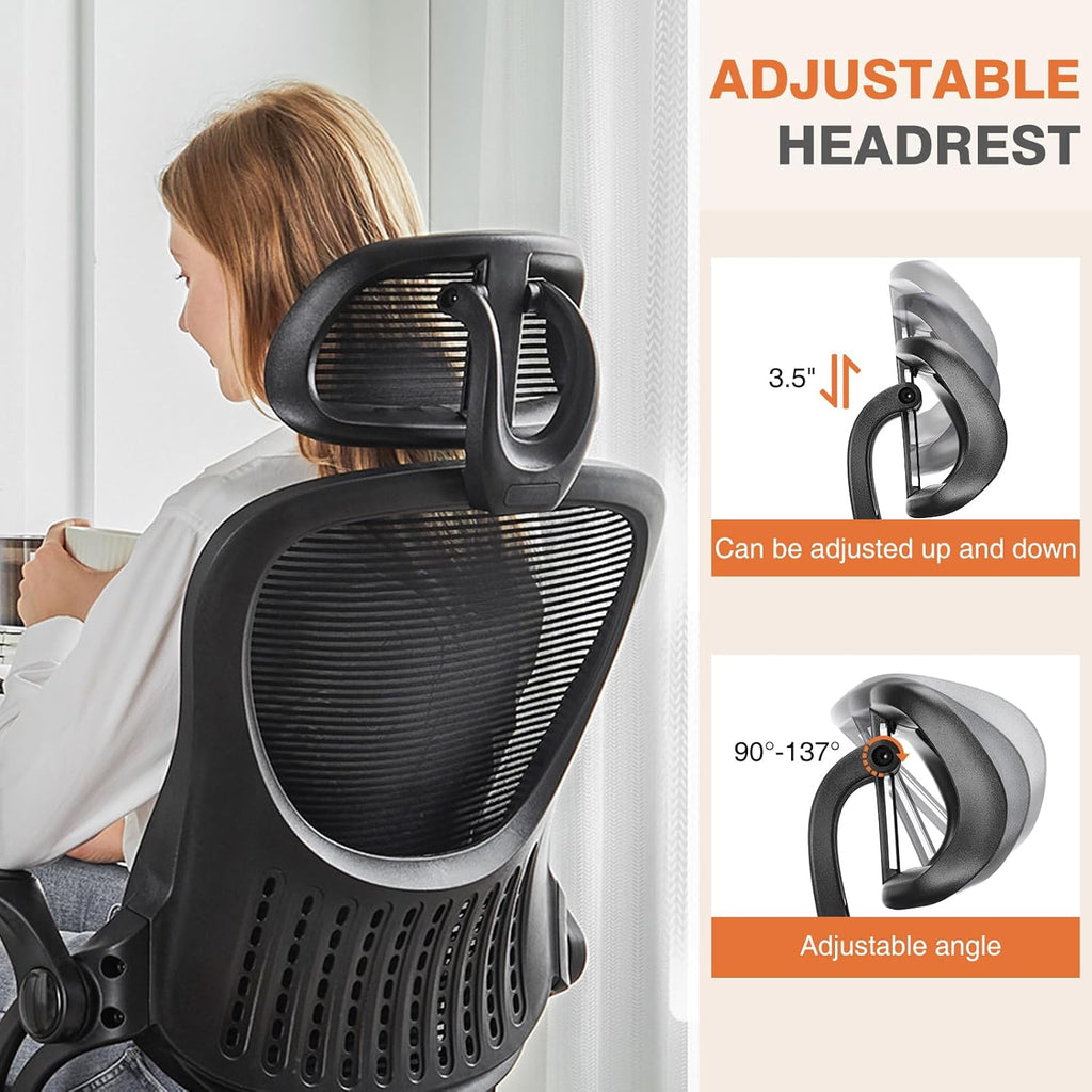 Sweetcrispy Office Computer Desk Chair, Ergonomic High-Back Mesh Rolling Work Chairs with Wheels and Adjustable Headrests, Comfortable Lumbar Support, Comfy Flip-up Arms for Home, Bedroom, Study,Black