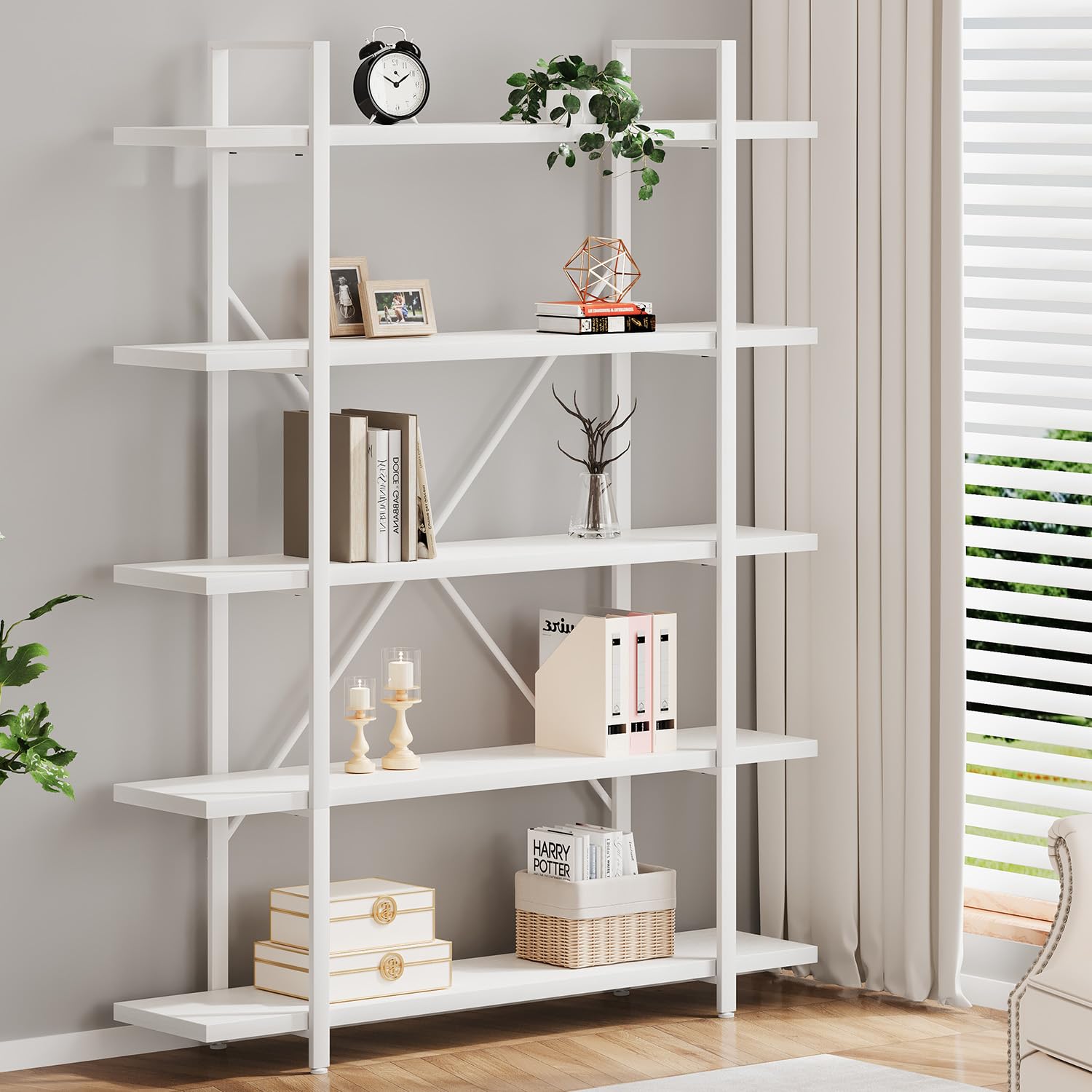 HSH 5-Shelf Vintage Industrial Rustic Bookshelf, 5 Tier Wood and Metal Bookcase, Open Etagere Book Shelf, Farmhouse Wooden Bookshelves, Light Grey Oak