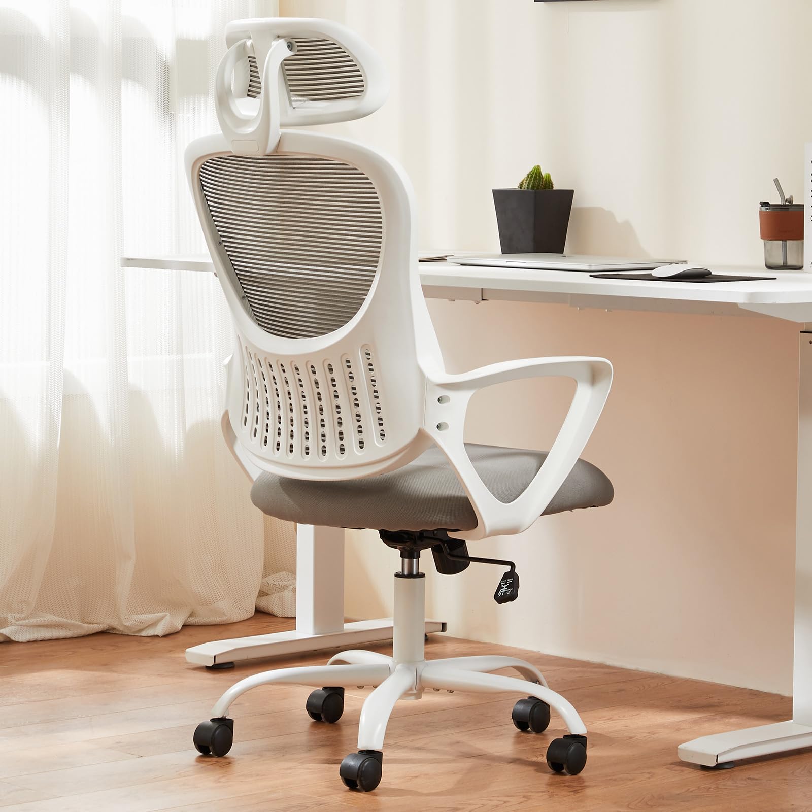 Sweetcrispy Office Computer Desk Chair, Ergonomic High-Back Mesh Rolling Work Chairs with Wheels and Adjustable Headrests, Comfortable Lumbar Support, Comfy Flip-up Arms for Home, Bedroom, Study,Black