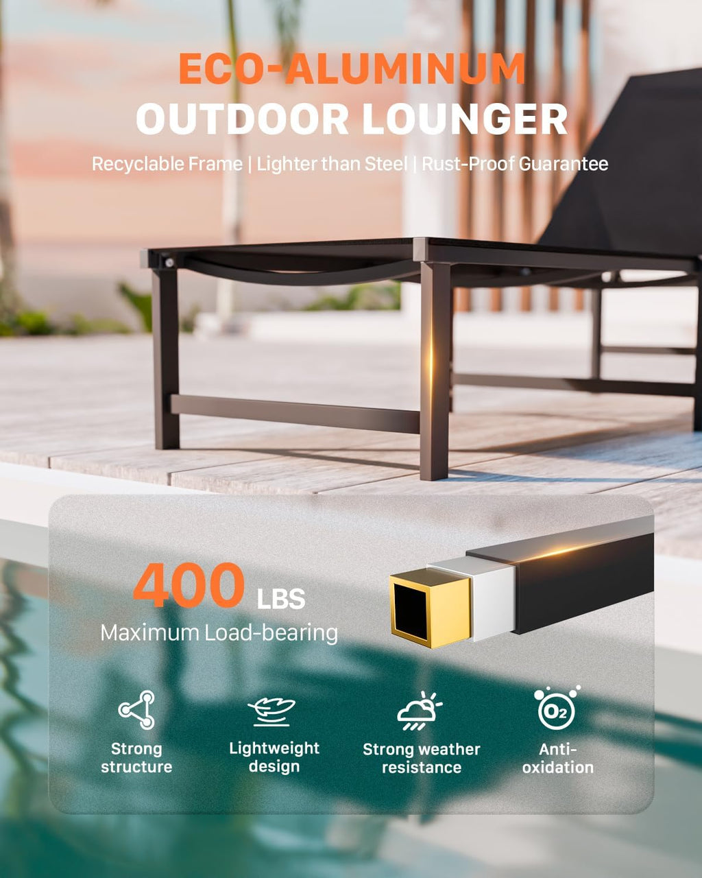Chaise Lounge Chair Outdoor,Aluminum Patio Lounge Chairs,Lounge Chairs with 5 Adjustable Backrest for Outside Beach Lawn and Backyard,Black