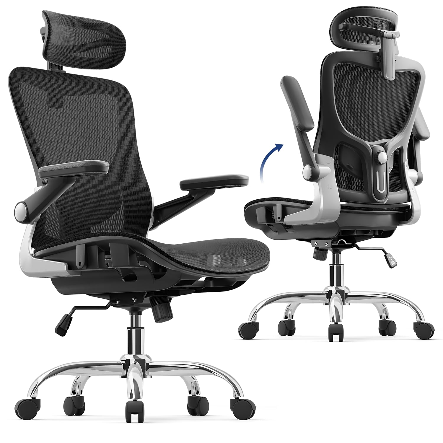 marrap Ergonomic Office Chair, Mesh Seat Cushion with 3D Armrests and 3D Headrest, Adjustable Lumbar Support with 90-120° Rocking Function for Home Office, Dark Grey