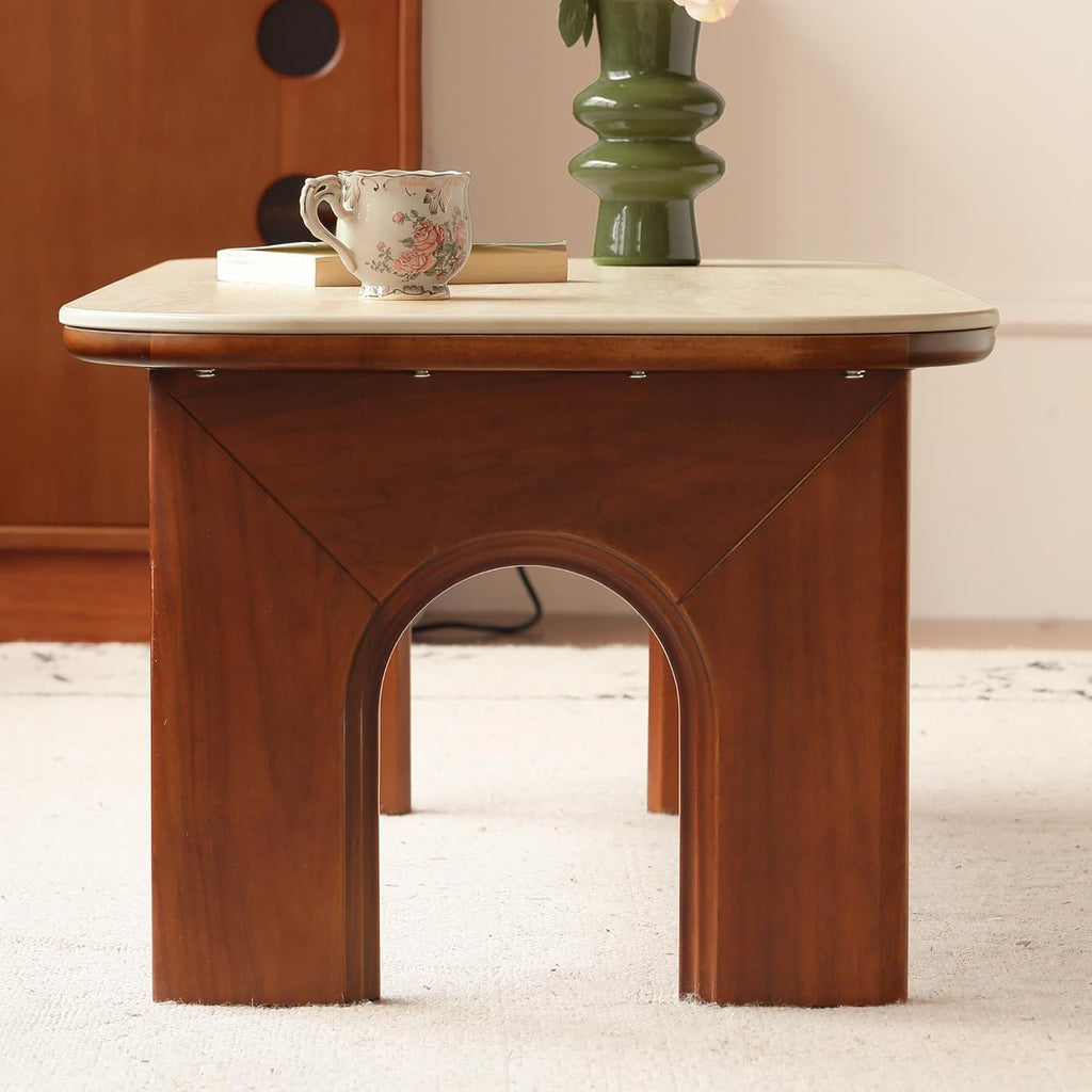YESWOOD Solid Wood Tulipwood Coffee Table with Travertine Sintered Stone Top, Mid-Century Modern Design, Living Room Table, 47.24" L x 22.05" W x 16.53" H, Teak