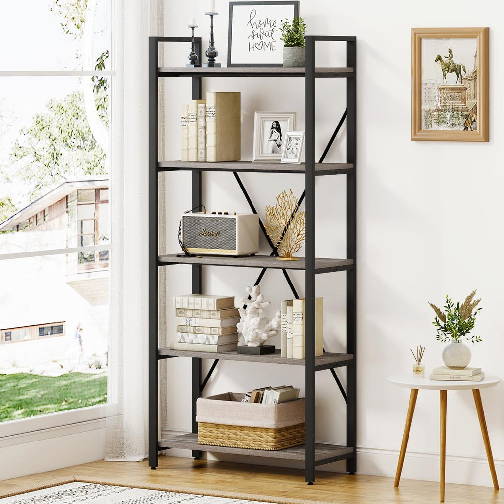 BON AUGURE Industrial Bookshelf, Etagere Bookcases and Book Shelves 5 Tier, Rustic Wood and Metal Shelving Unit (Rustic Oak)