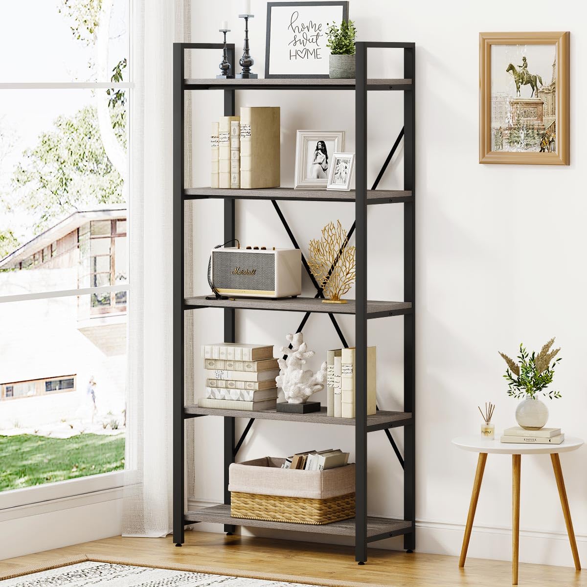 BON AUGURE Industrial Bookshelf, Etagere Bookcases and Book Shelves 5 Tier, Rustic Wood and Metal Shelving Unit (Rustic Oak)