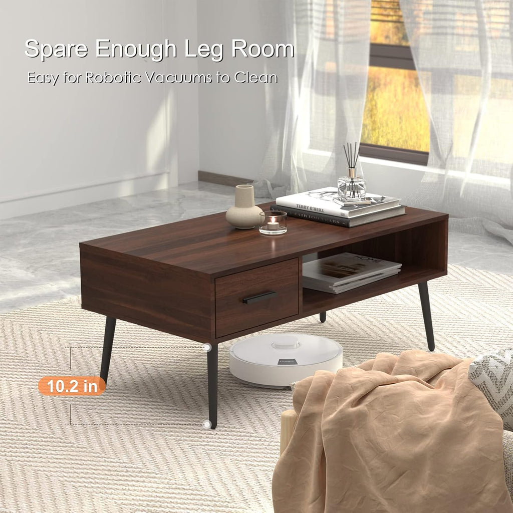 HAIOOU Coffee Table, Mid Century Modern Center Table for Living Room with Storage, Walnut Tea Table with Drawer, Open Storage Shelf, Floor-Anti-Scratching Pine Leg for Home, Office(Dark Brown) | Center Table, Living Room, Storage, Tea Table, Drawer, Open