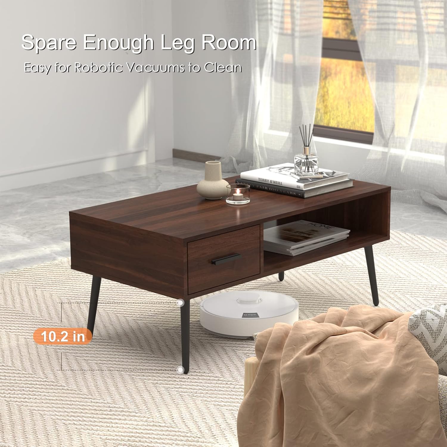 HAIOOU Coffee Table, Mid Century Modern Center Table for Living Room with Storage, Walnut Tea Table with Drawer, Open Storage Shelf, Floor-Anti-Scratching Pine Leg for Home, Office(Dark Brown) | Center Table, Living Room, Storage, Tea Table, Drawer, Open