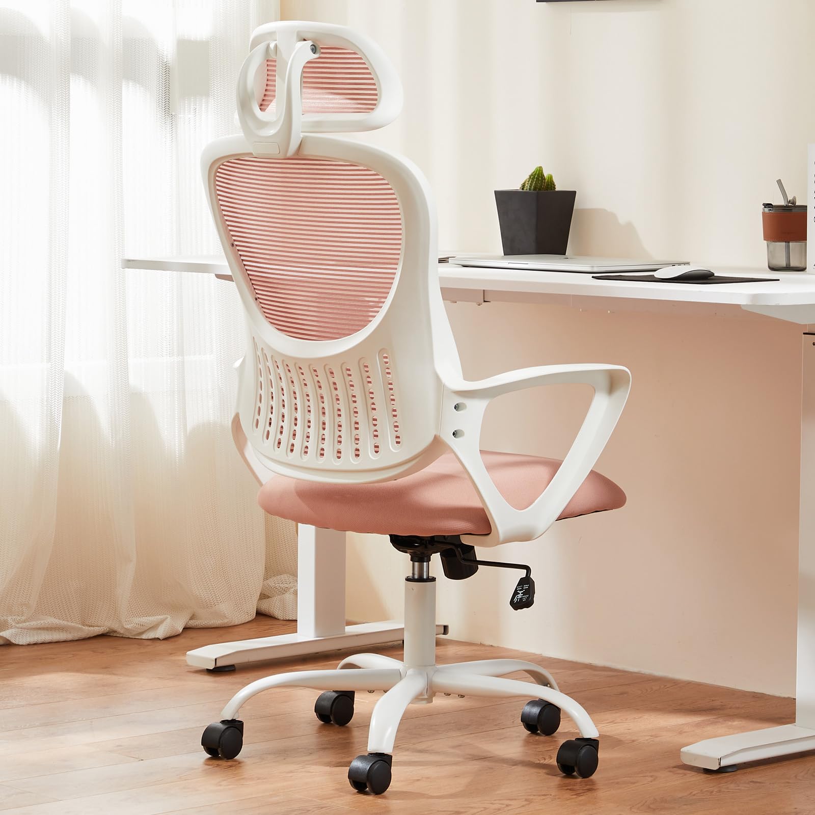 Sweetcrispy Office Computer Desk Chair, Ergonomic High-Back Mesh Rolling Work Chairs with Wheels and Adjustable Headrests, Comfortable Lumbar Support, Comfy Flip-up Arms for Home, Bedroom, Study,Black