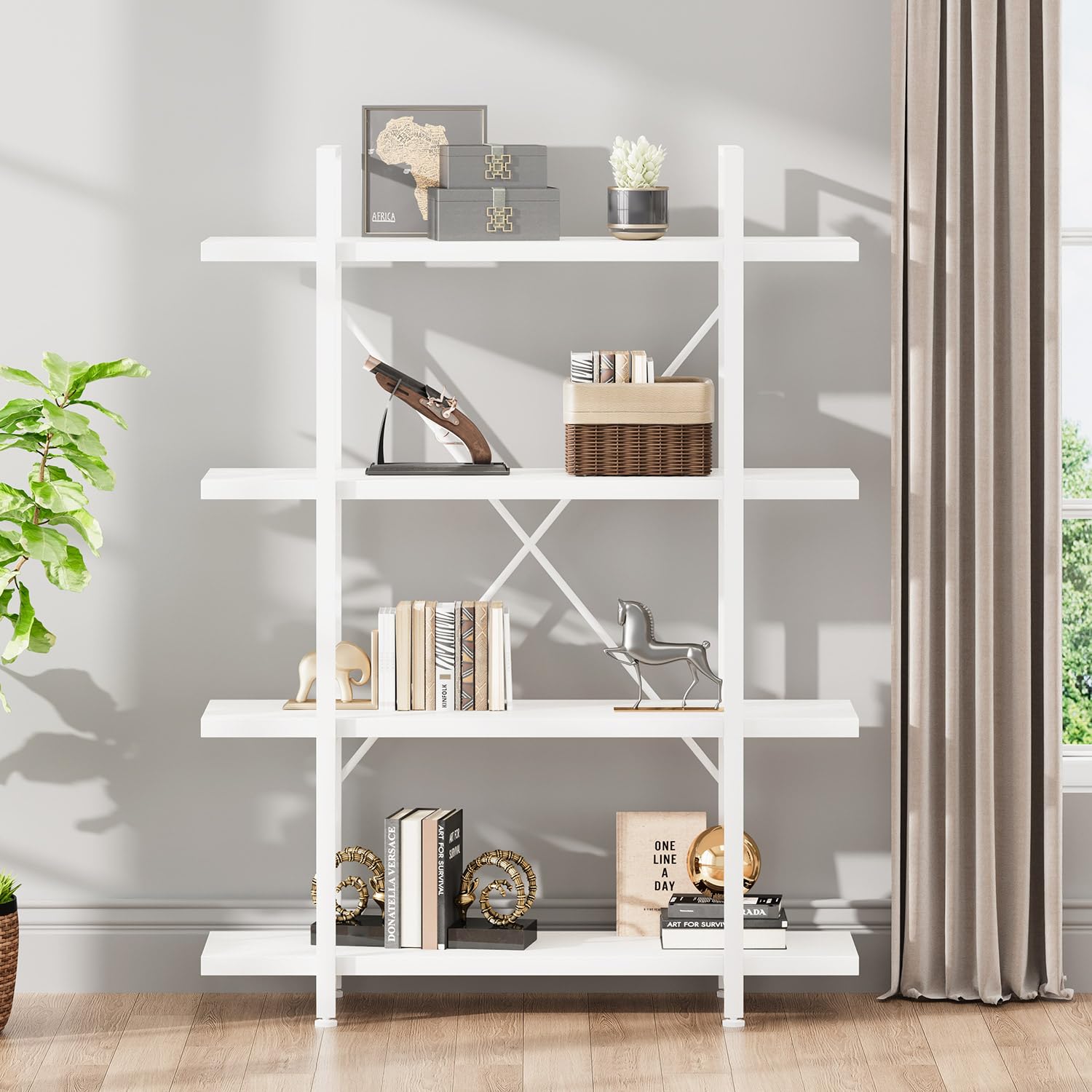 HSH 5-Shelf Vintage Industrial Rustic Bookshelf, 5 Tier Wood and Metal Bookcase, Open Etagere Book Shelf, Farmhouse Wooden Bookshelves, Light Grey Oak