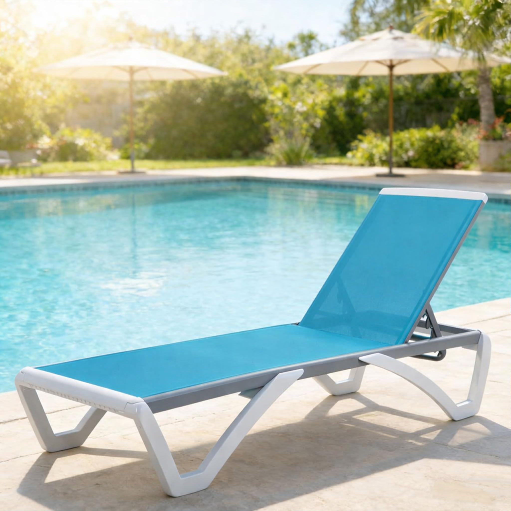 Kozyard Outdoor Chaise Lounge Chair, Full Flat Adjustable Patio Lounger with Aluminum Frame & Resin Legs, Textilene Fabric for Poolside, Backyard & Beach (Gray Without Table)