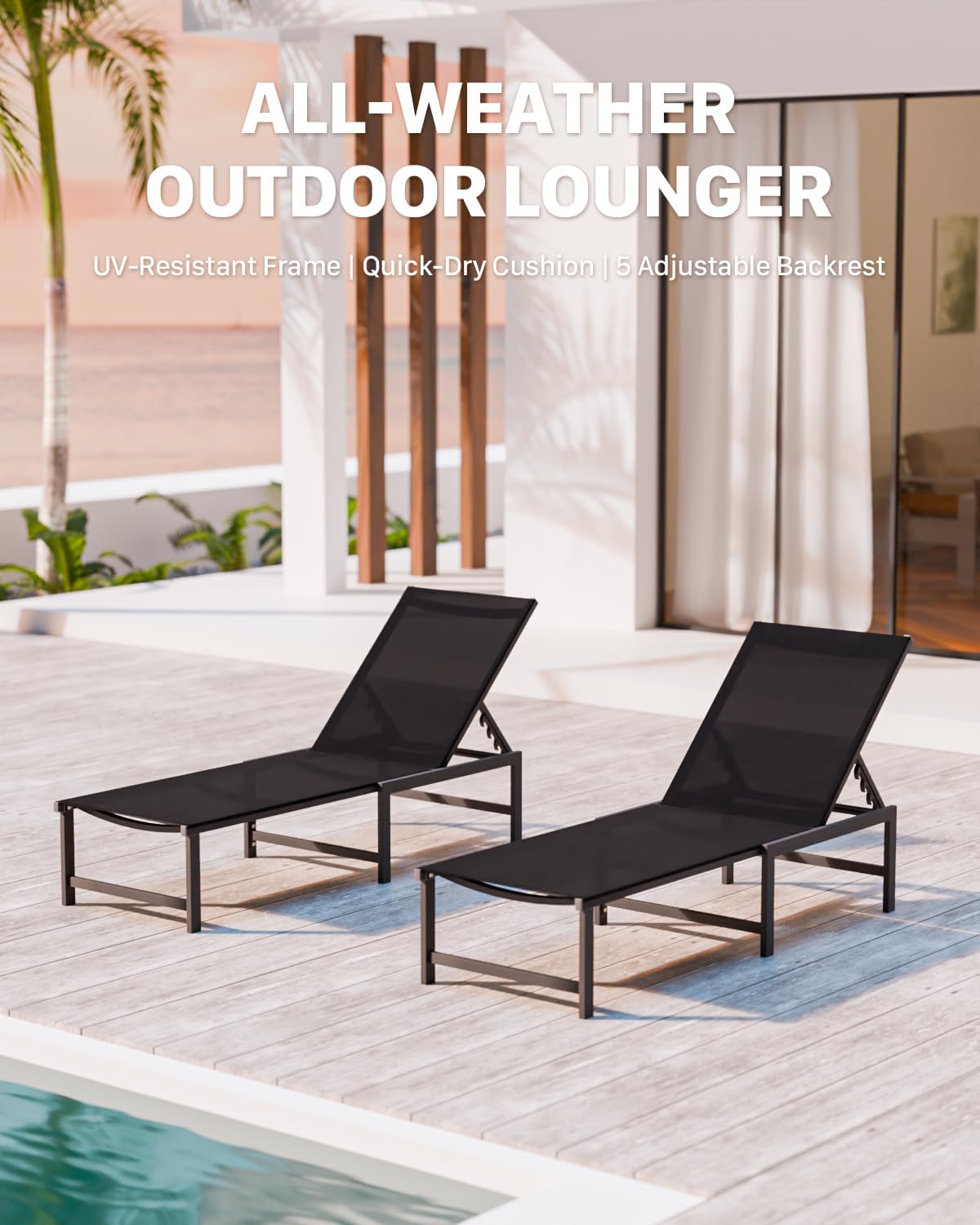Chaise Lounge Chair Outdoor,Aluminum Patio Lounge Chairs,Lounge Chairs with 5 Adjustable Backrest for Outside Beach Lawn and Backyard,Black
