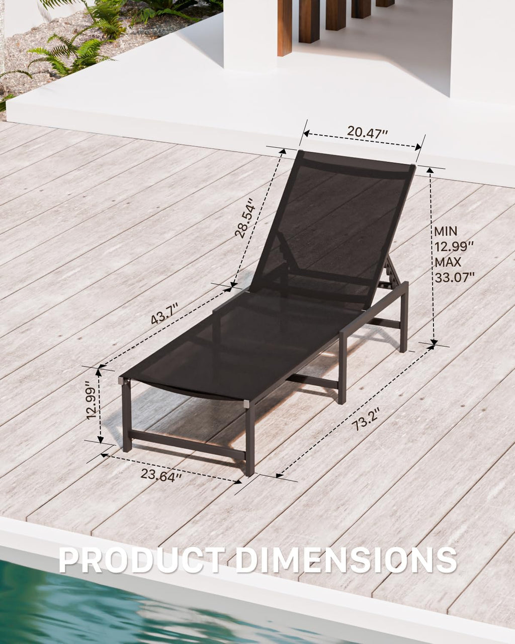 Chaise Lounge Chair Outdoor,Aluminum Patio Lounge Chairs,Lounge Chairs with 5 Adjustable Backrest for Outside Beach Lawn and Backyard,Black