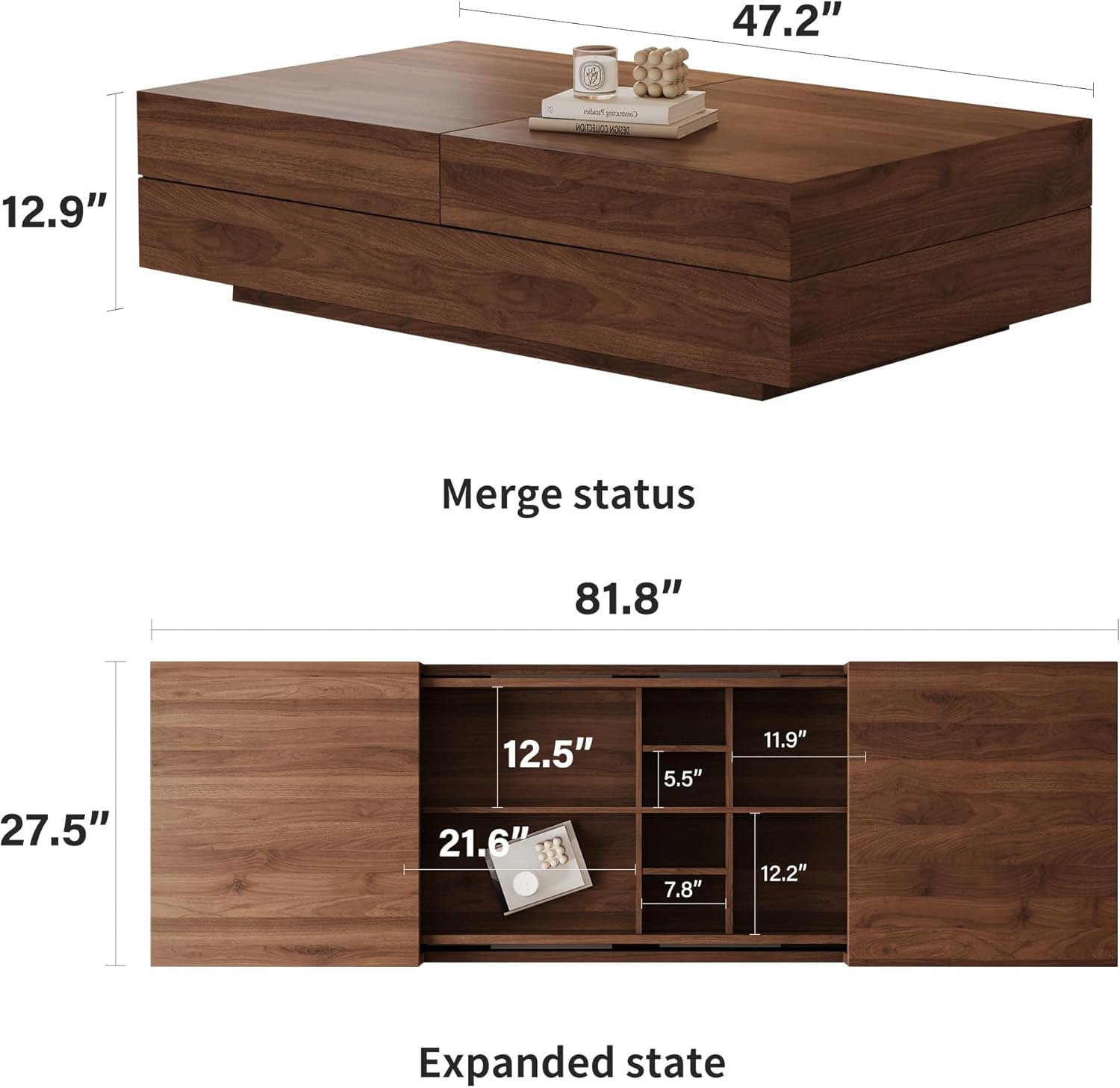 Mid-Century Modern Expandable Coffee Table (47.2"-81.8" Adjustable Centerpiece),Center Table with Large Storage for Living Room Living Rooms, Bedrooms, or Lounge Spaces,Walnut
