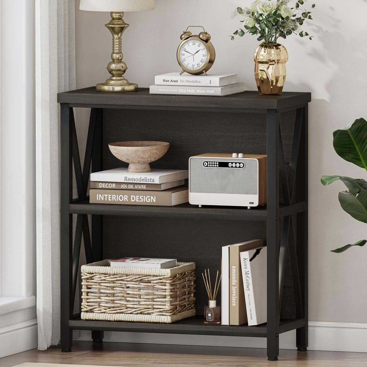FATORRI Small Bookcase, Wood and Metal Low Short Bookshelf, Industrial Book Case and Rustic Book Shelf for Small Space (Rustic Oak)