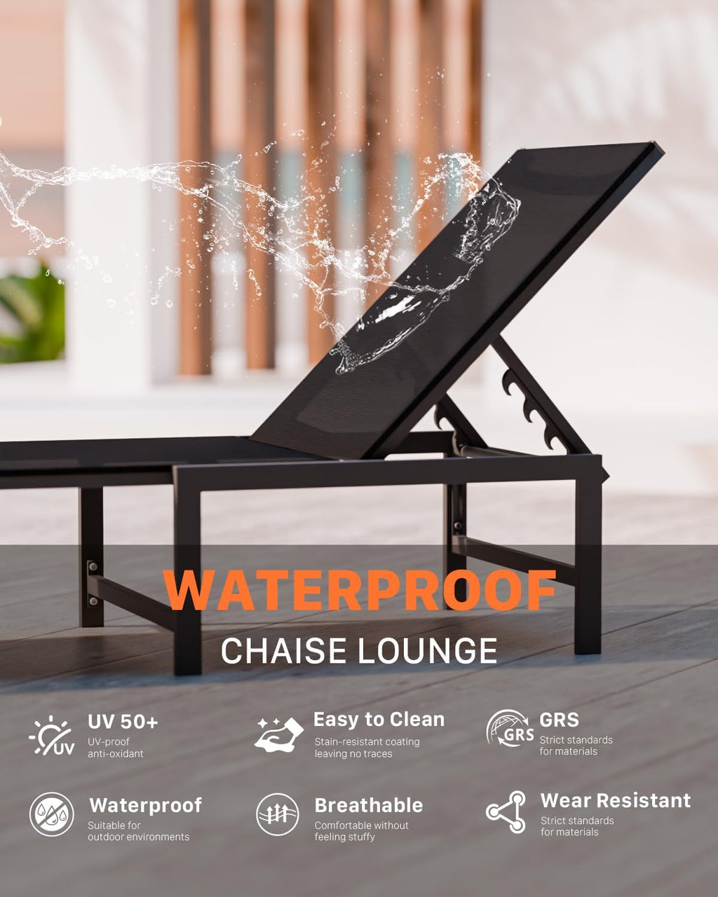 Chaise Lounge Chair Outdoor,Aluminum Patio Lounge Chairs,Lounge Chairs with 5 Adjustable Backrest for Outside Beach Lawn and Backyard,Black