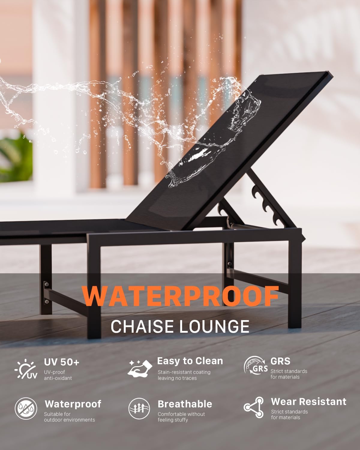 Chaise Lounge Chair Outdoor,Aluminum Patio Lounge Chairs,Lounge Chairs with 5 Adjustable Backrest for Outside Beach Lawn and Backyard,Black